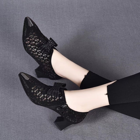 Summer Casual Rhinestone Hollow Chunky Heel Shoes and New Belt Buckle Solid Color Plus Size Women's Sandals