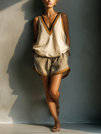 Women's Beige Linen-Blend Contrast Trim V-Neck Tank Top & Khaki Shorts Two-Piece Set