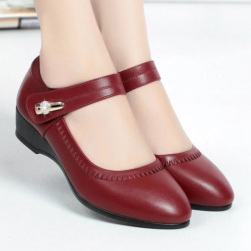 Soft leather shoes with soft sole and non-slip wedge heel for mothers
