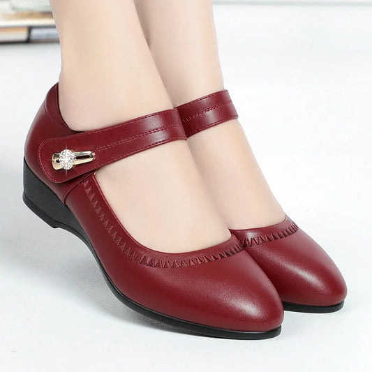 Soft leather shoes with soft sole and non-slip wedge heel for mothers