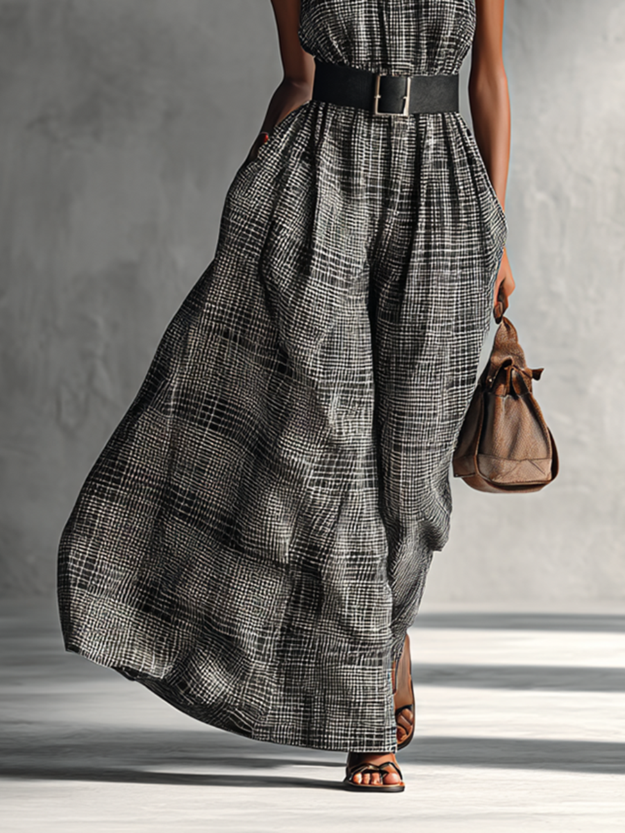 Women's Plaid High Collar Sleeveless Belted Maxi Dress