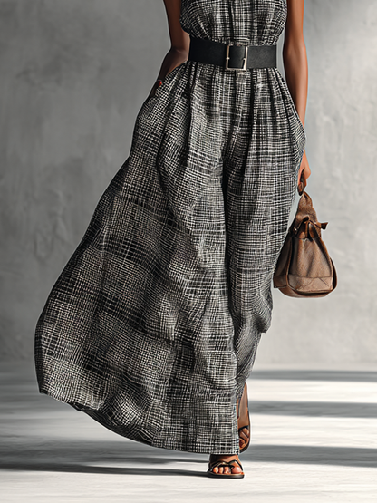 Women's Plaid High Collar Sleeveless Belted Maxi Dress