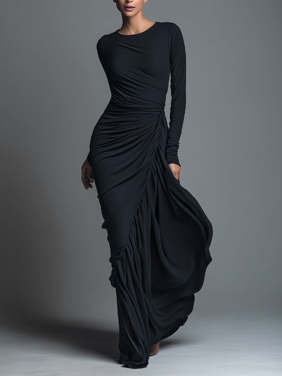 Women's Black Elegant Jersey Knit Ruched Maxi Dress