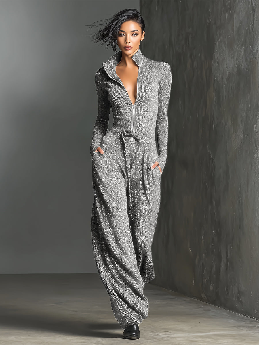 Women's Elegant Knit Sparkling Zipper Front Jumpsuit