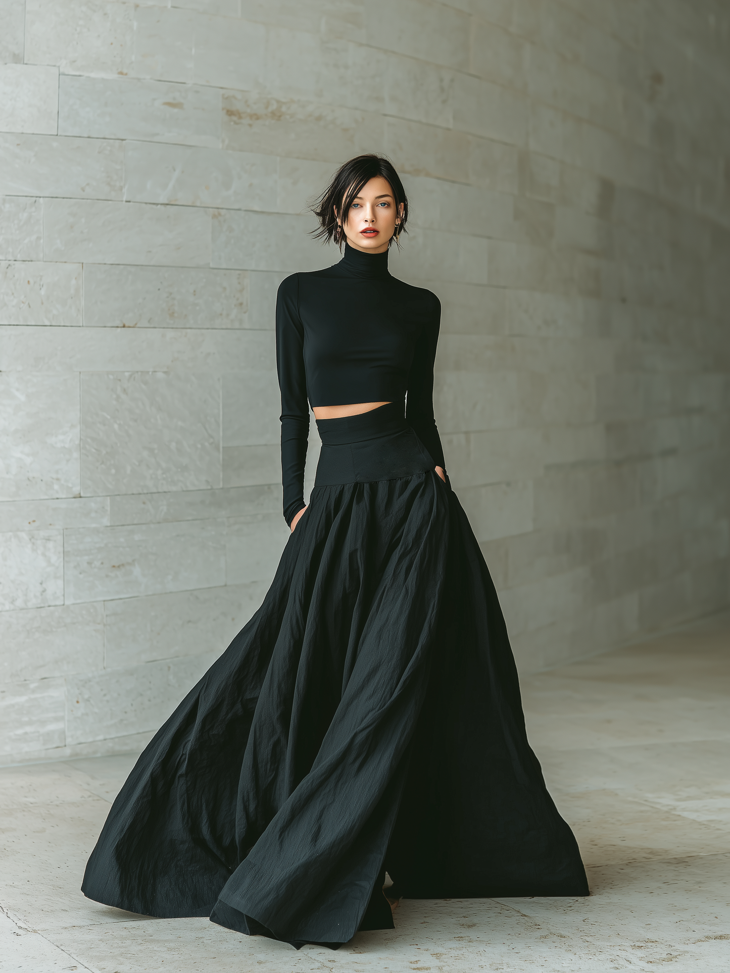 Women's Fashionable And Elegant Black Fitted Turtleneck Long-sleeved Cropped Top Paired With A Black Long Skirt