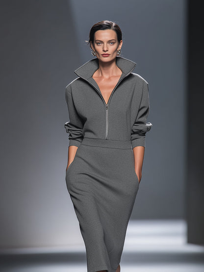 Women's Casual Cotton Polyester Half Zip Midi Dress