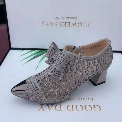 Summer Casual Rhinestone Hollow Chunky Heel Shoes and New Belt Buckle Solid Color Plus Size Women's Sandals