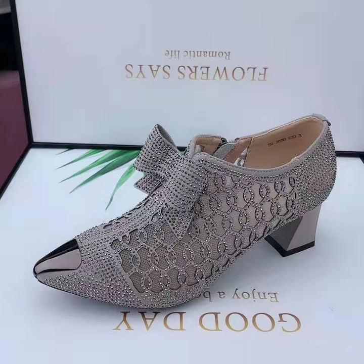 Zapatos de tacón grueso huecos con diamantes de imitación, informales de verano, y sandalias de mujer de talla grande de color liso con nueva hebilla de cinturón