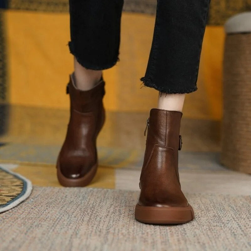 Women's Leather Buckle Ankle Boots