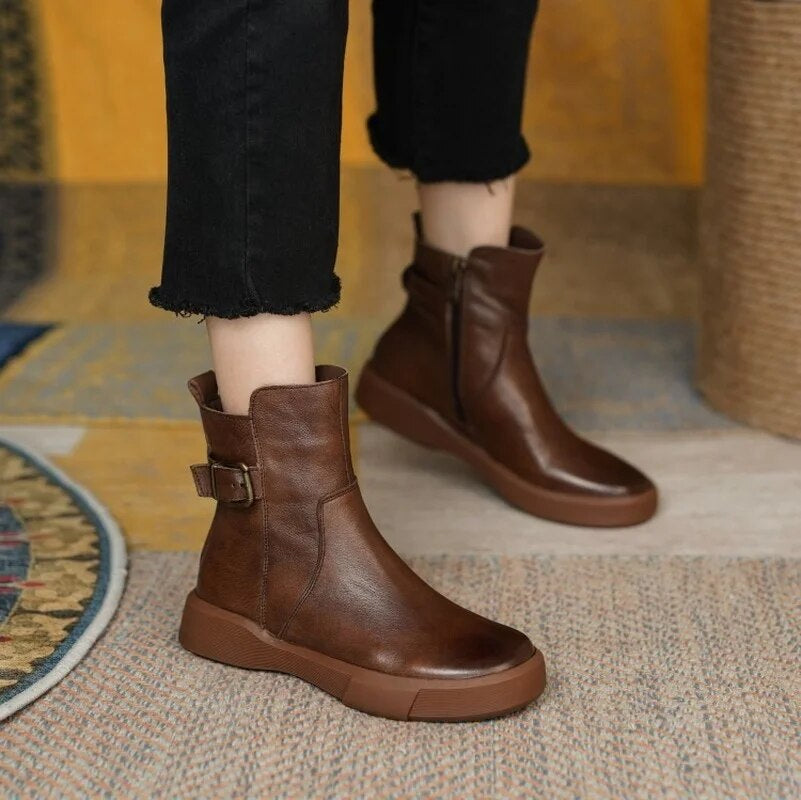 Women's Leather Buckle Ankle Boots