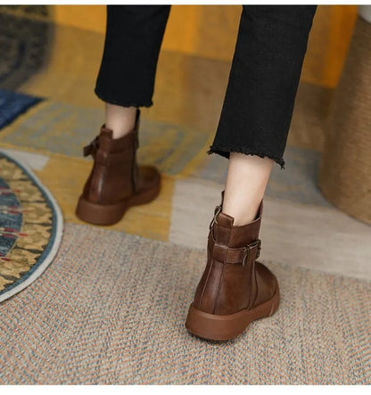 Women's Leather Buckle Ankle Boots
