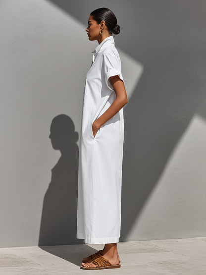 Women's White 100% Cotton Maxi Shirt Dress With Half-Zip Collar & Rolled Sleeves, Timeless Casual Everyday Dress