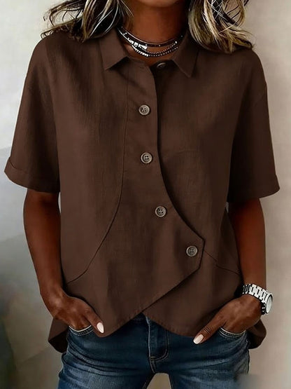 Women'S Cotton And Linen Button Design Casual Lapel Short Sleeved Summer Top