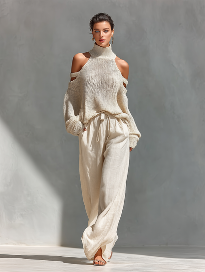 Women's Beige Knit Fabric Cold-Shoulder Turtleneck Top & Wide-Leg Pants Set