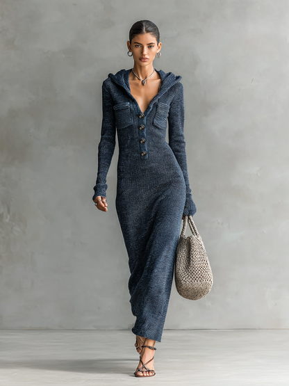 Women's Slim-fit Hooded Knitted Maxi Dress