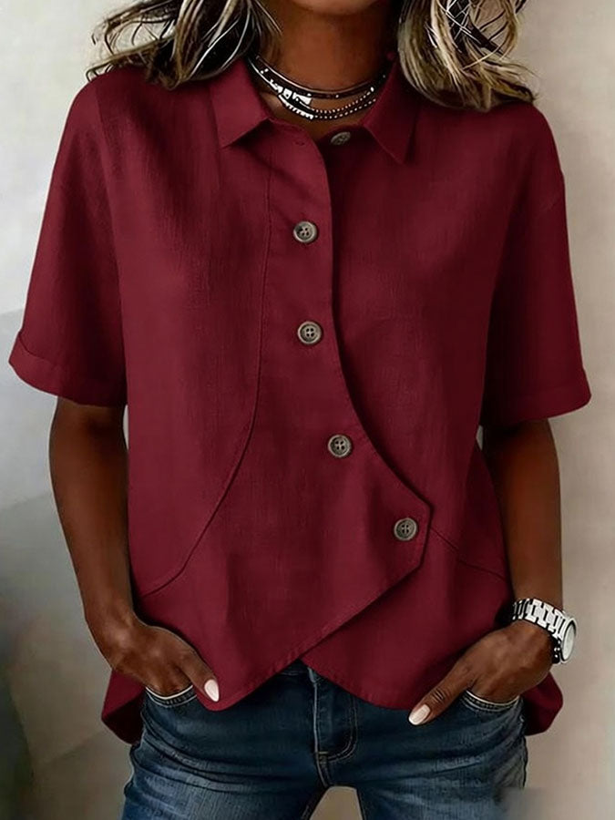Women'S Cotton And Linen Button Design Casual Lapel Short Sleeved Summer Top