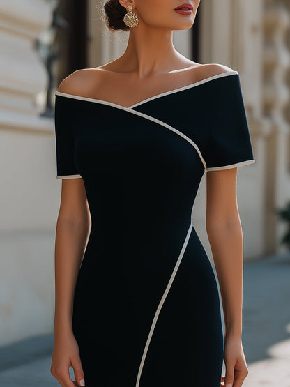 Off-Shoulder Contrast Trim Tailored Sheath Dress