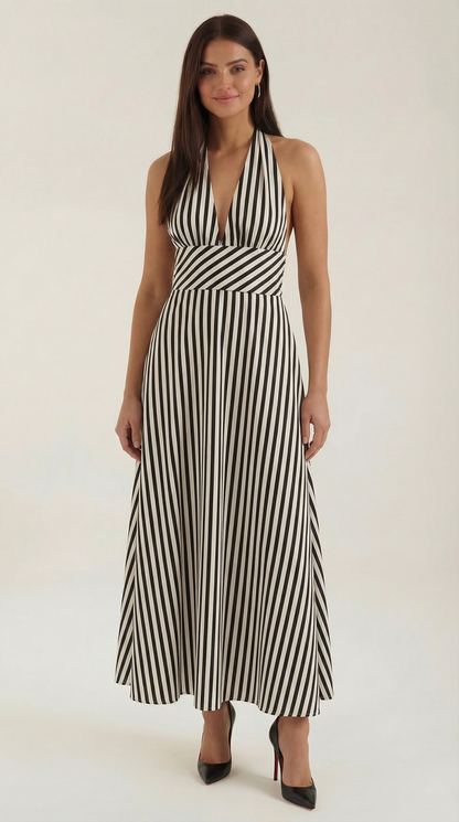 Vestido largo a rayas con cuello en V