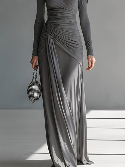 Women's Grey Silky Stretch Sophisticated Ruched Detail Cut-Out Maxi Dress