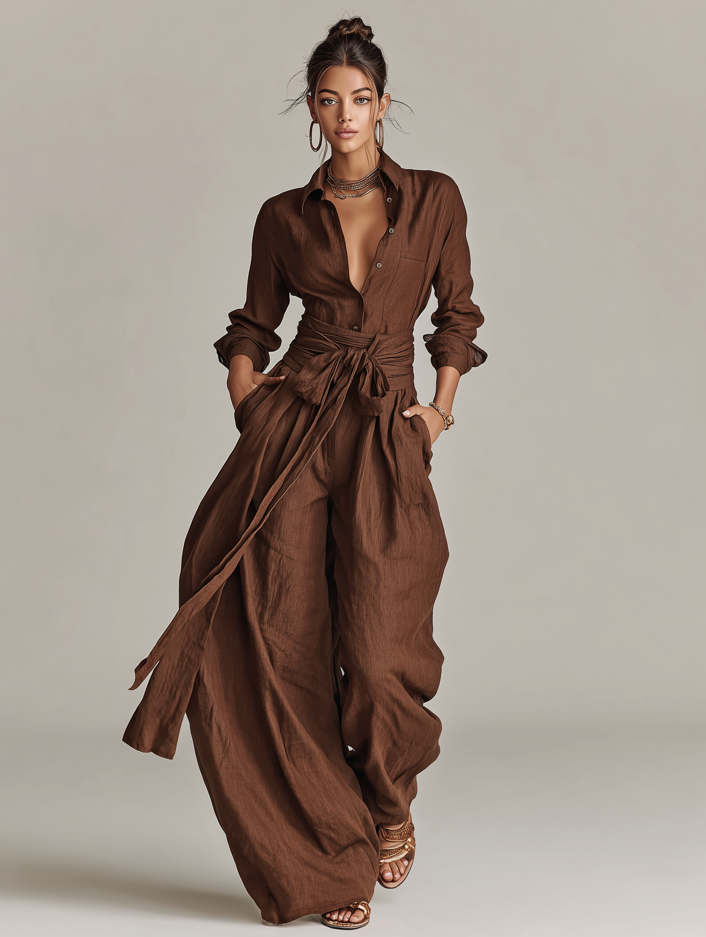 Women's Elegant Brown Woven Cotton-linen Long-sleeved Shirt Collar Jumpsuit With Belt