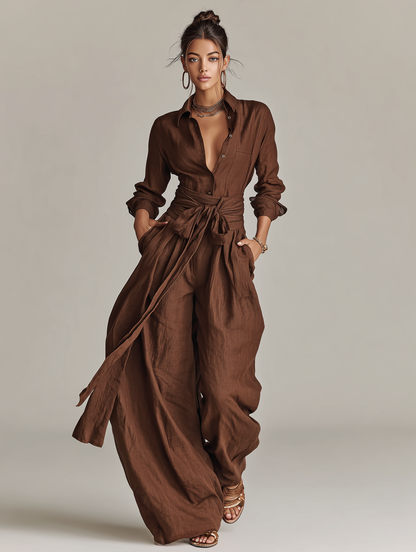 Women's Elegant Brown Woven Cotton-linen Long-sleeved Shirt Collar Jumpsuit With Belt