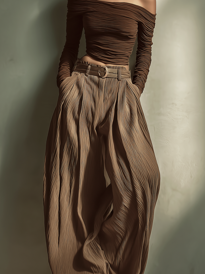 Women's Fashionable And Sexy Dark Brown Off-the-shoulder Long-sleeved Fitted Top Paired With Matching Wide-leg Trousers (belt Not Included)