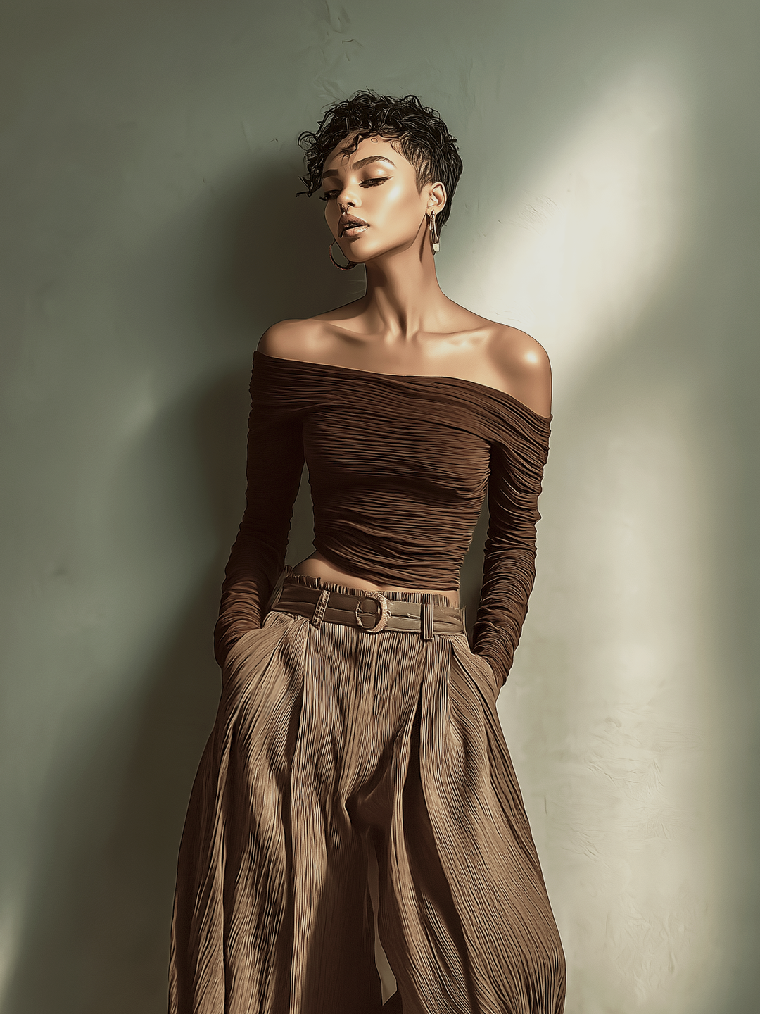 Women's Fashionable And Sexy Dark Brown Off-the-shoulder Long-sleeved Fitted Top Paired With Matching Wide-leg Trousers (belt Not Included)