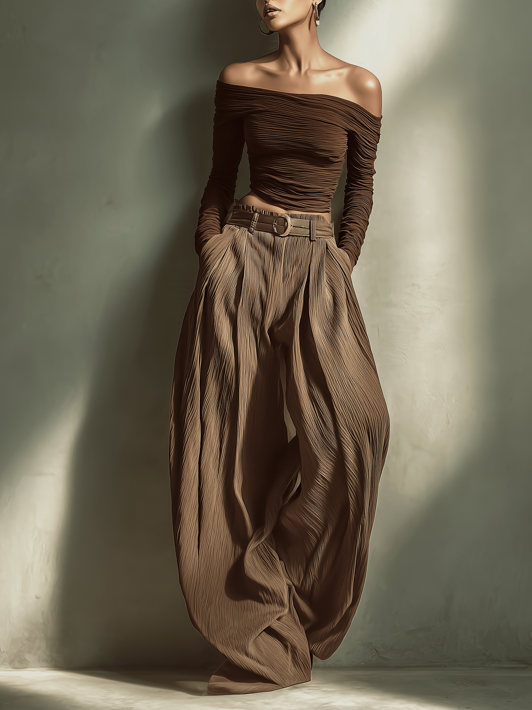 Women's Fashionable And Sexy Dark Brown Off-the-shoulder Long-sleeved Fitted Top Paired With Matching Wide-leg Trousers (belt Not Included)