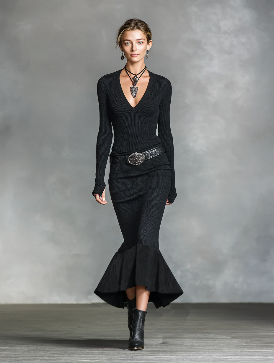 Women's Knitted V-neck Slim Long Sleeves Maxi Dress (Without Belt)