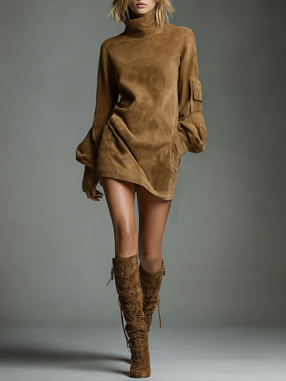 Women's Vintage Loose Suede Turtleneck Mini Dress