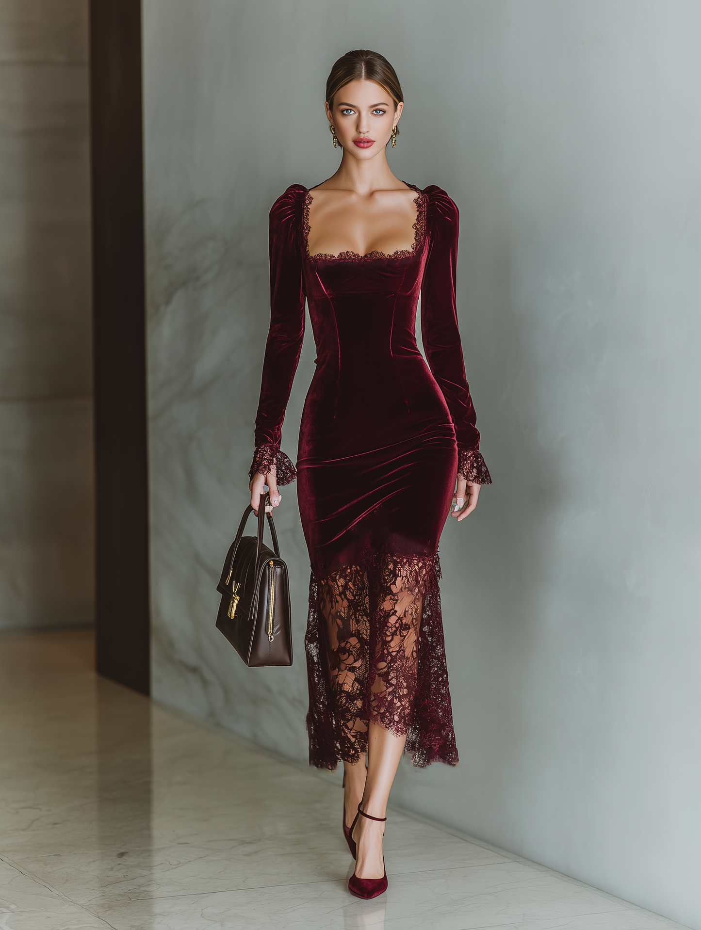 Women's Burgundy Velvet Lace Fitted Maxi Dress