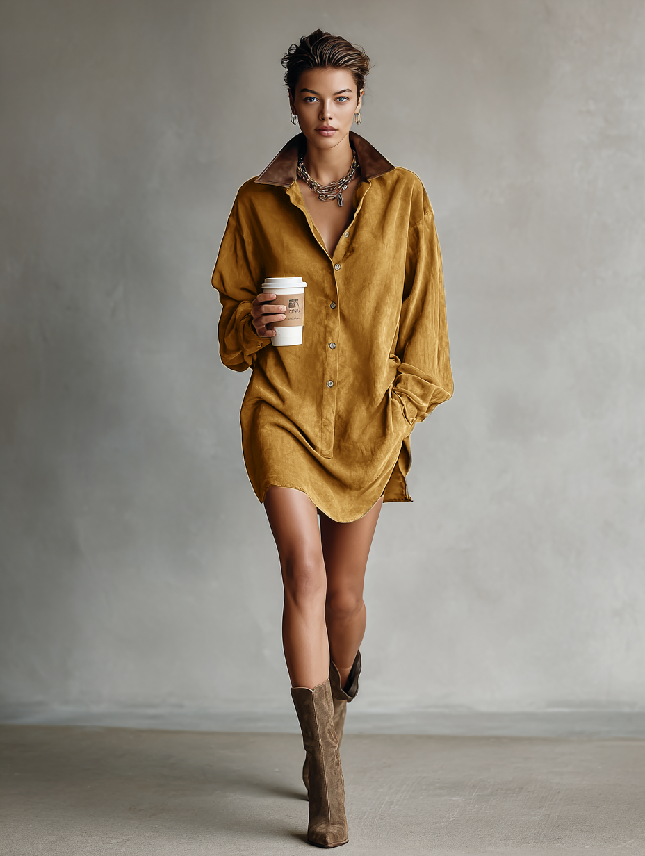 Women's Simple Loose Leather Lapel Spliced Suede Mini Dress