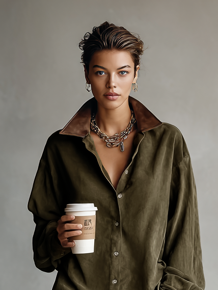 Women's Simple Loose Leather Lapel Spliced Suede Mini Dress