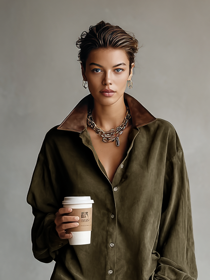 Women's Simple Loose Leather Lapel Spliced Suede Mini Dress