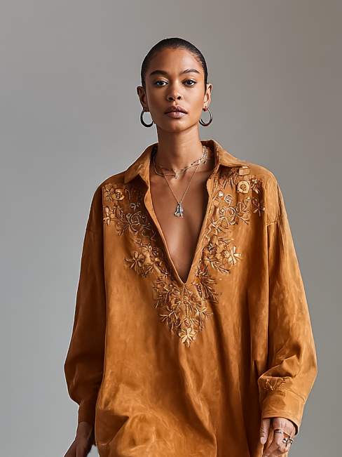 Women's Suede Loose Lapel V-neck Embroidered Long-sleeved Midi Dress