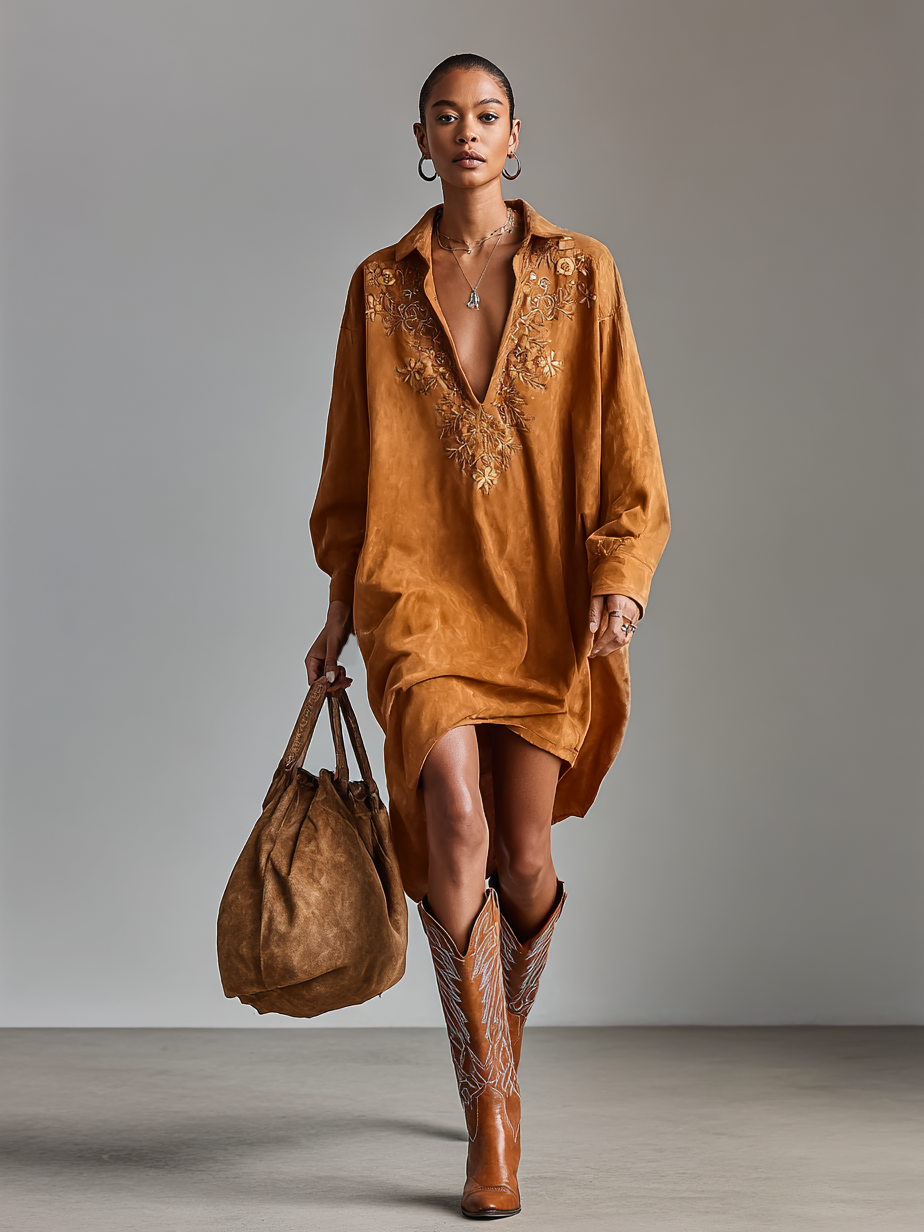 Women's Suede Loose Lapel V-neck Embroidered Long-sleeved Midi Dress