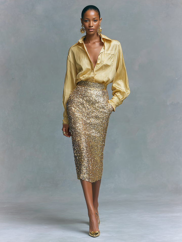 Women's Long-sleeved Shirt And Sequined Pencil Skirt Set