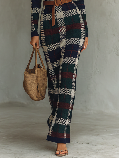 Women's Minimalist Check Knit Belted Square Neck Maxi Dress