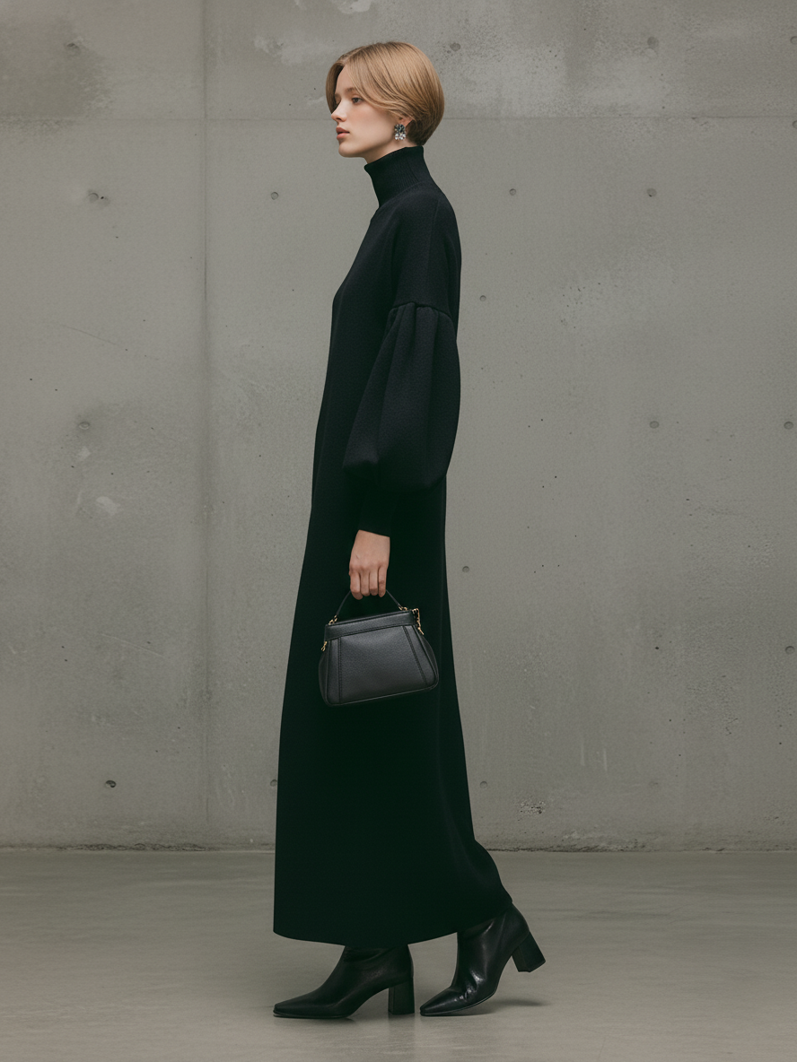 Women's Modern Black Turtleneck Puff-Sleeve Sweatshirt Maxi Dress