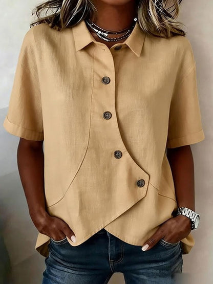 Women'S Cotton And Linen Button Design Casual Lapel Short Sleeved Summer Top
