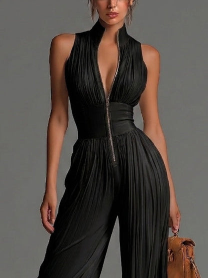 Black V-neck Sleeveless Zip-up Pleated Wide-leg Chiffon Jumpsuit