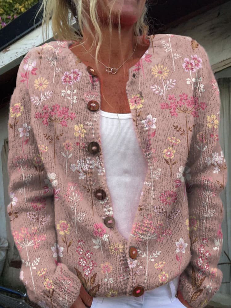 Vintage-Inspired Floral Knit Cardigan for Women