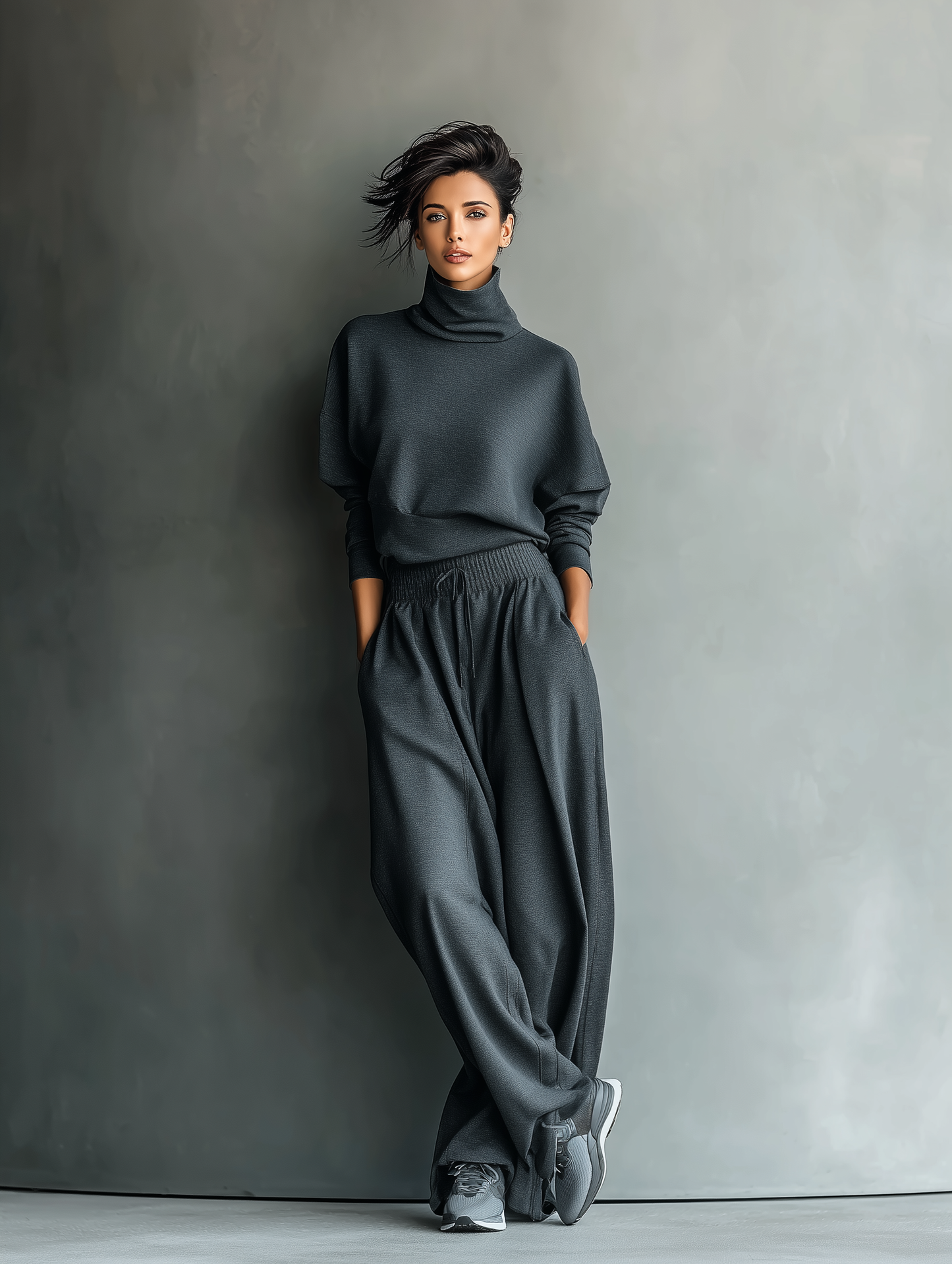 Women's Charcoal Knit Fabric Turtleneck Oversized Top & Wide-Leg Pants Set