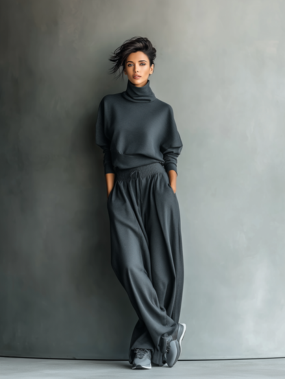 Women's Charcoal Knit Fabric Turtleneck Oversized Top & Wide-Leg Pants Set
