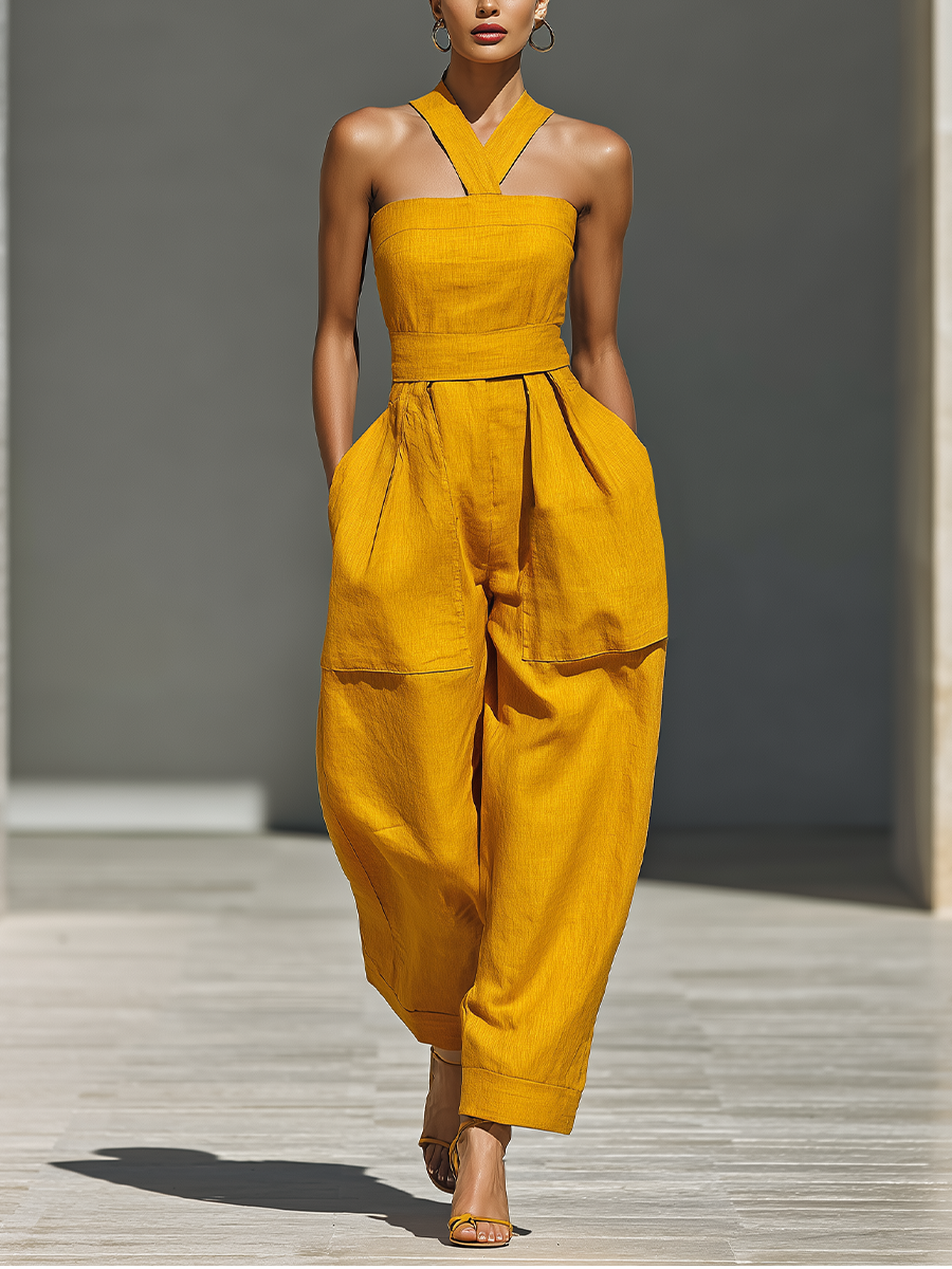 Women's Mustard Yellow Linen-Blend Jumpsuit With Crisscross Neckline & Relaxed Trousers