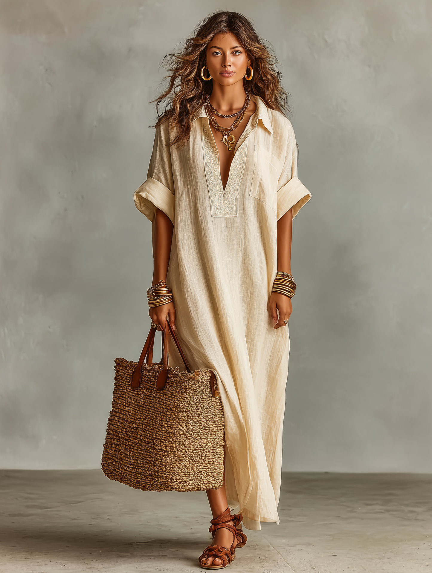 Women's Minimalist Loose-fitting Embroidered Short-sleeved Maxi Dress