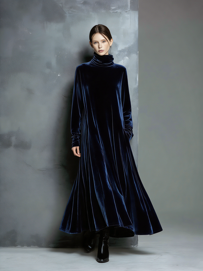 Women's Elegant Navy Blue Velvet High-neck Long-sleeved Loose-fitting Maxi Dress