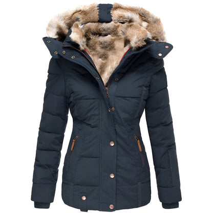 Chaqueta de invierno acolchada para mujer con capucha de piel