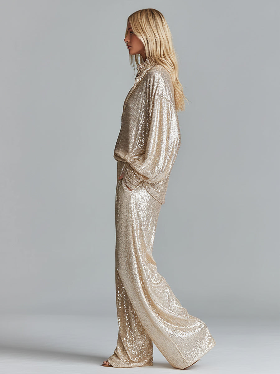 Women's Gold Glamorous Sequin Collared Half - Zip Wide - Leg Loungewear Party Set