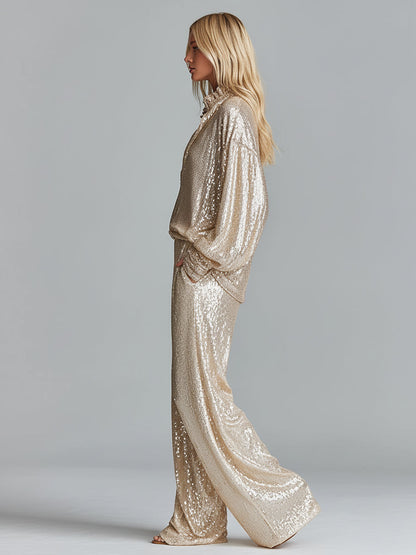 Women's Gold Glamorous Sequin Collared Half - Zip Wide - Leg Loungewear Party Set